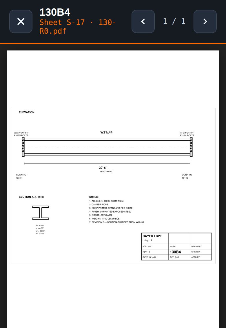 Shop drawing detail sheet opened in the field app PDF viewer