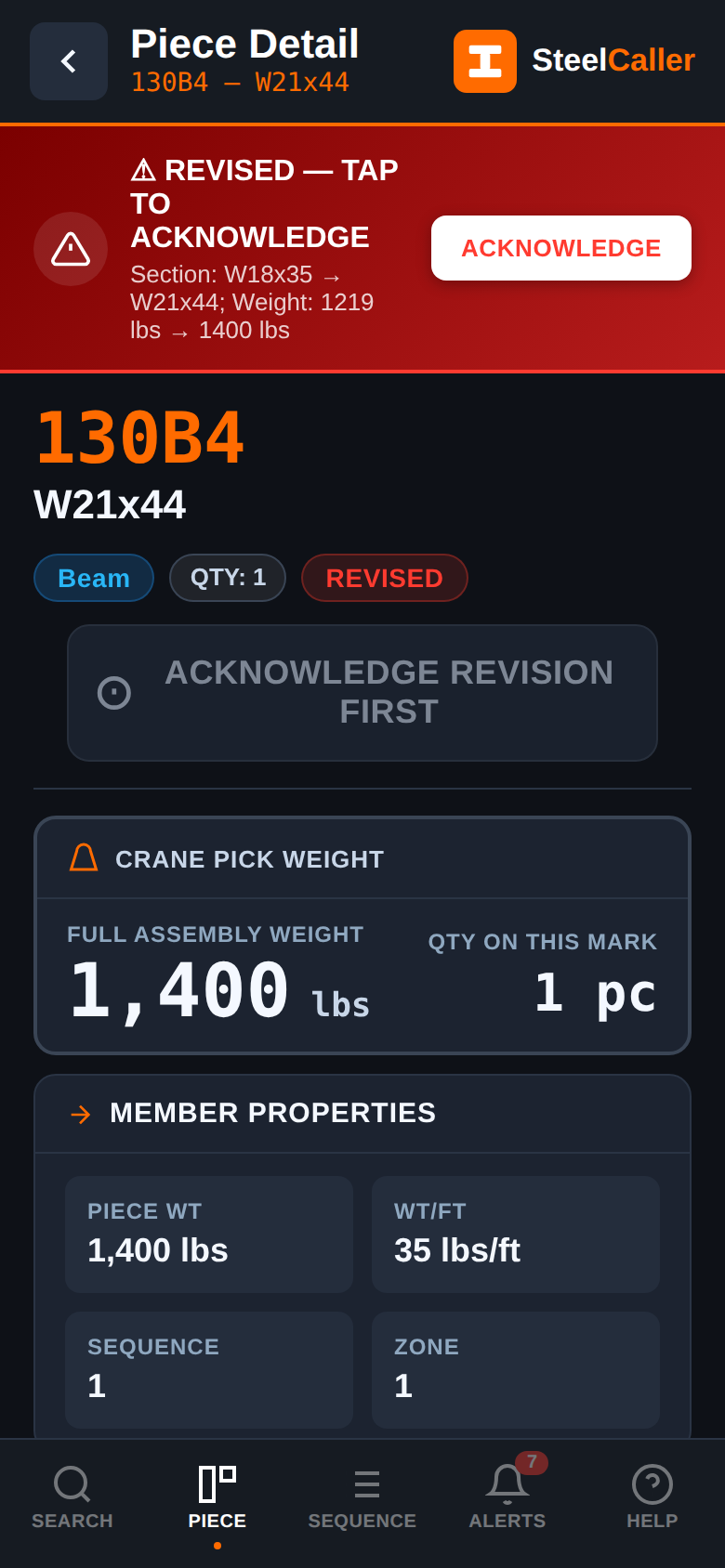 Field app showing 130B4 with red REVISED banner and Acknowledge button
