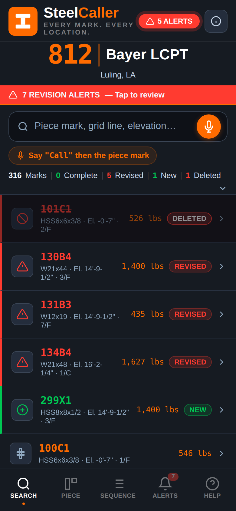 Search screen with mic button, revision alerts, and piece mark list
